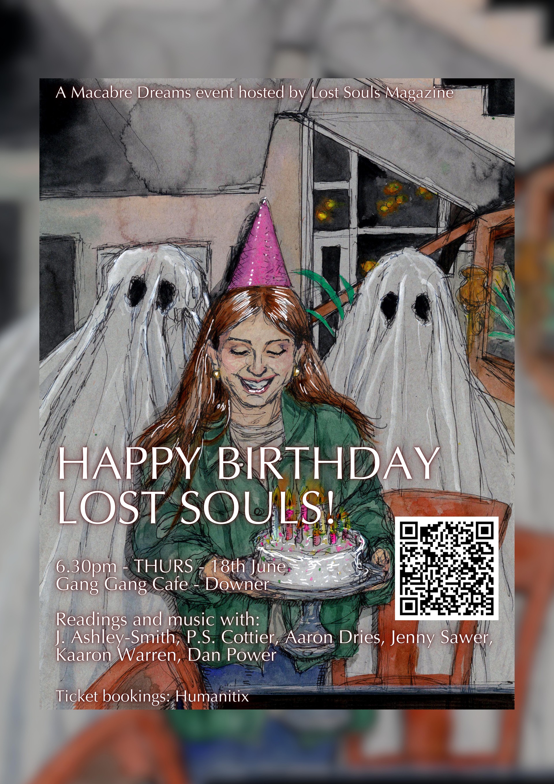 A poster image for the event, "Happy Birthday Lost Souls!". The image includes a woman in a pink birthday hat with ghosts.