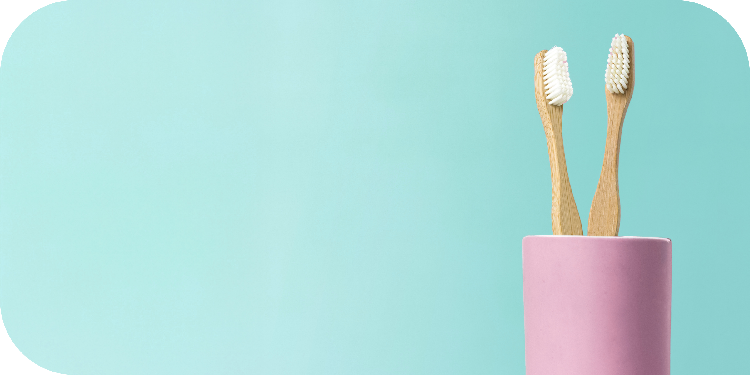 Two wooden toothbrushes, in a pink jar against a green background